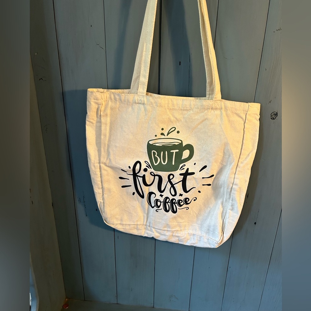 Cream Canvas Tote Bag with Coffee Print